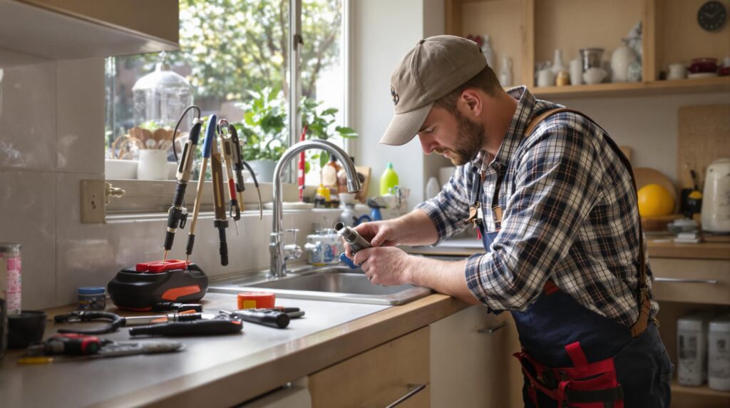 Plumber repairing a kitchen sink