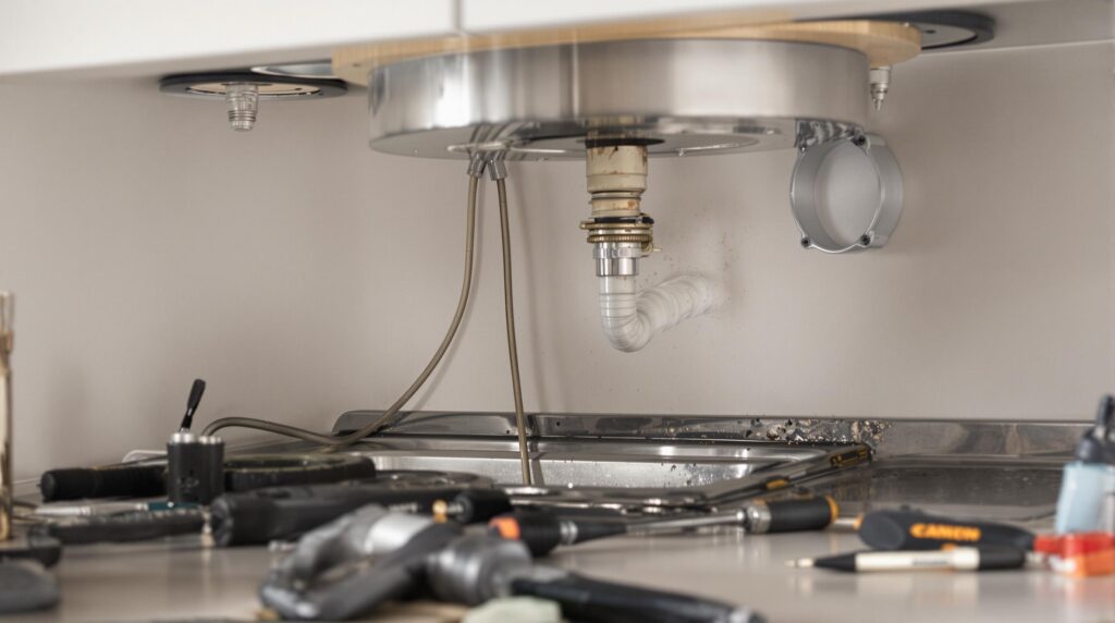 Underside of a kitchen sink with plumbing and tools