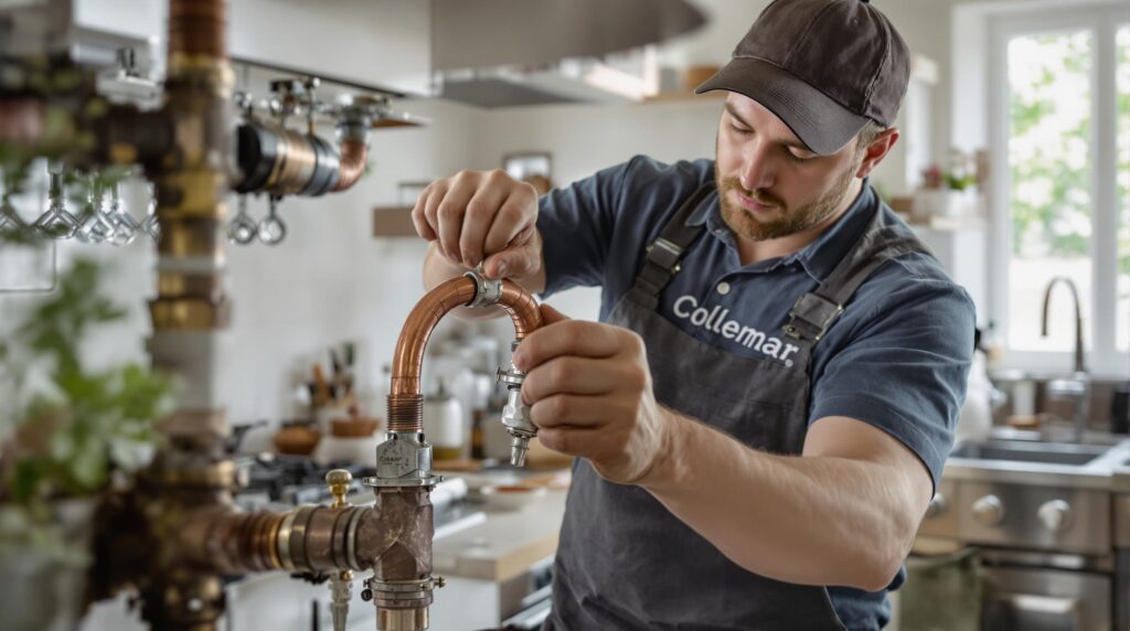 Plumber repairing copper pipes in a kitchen.