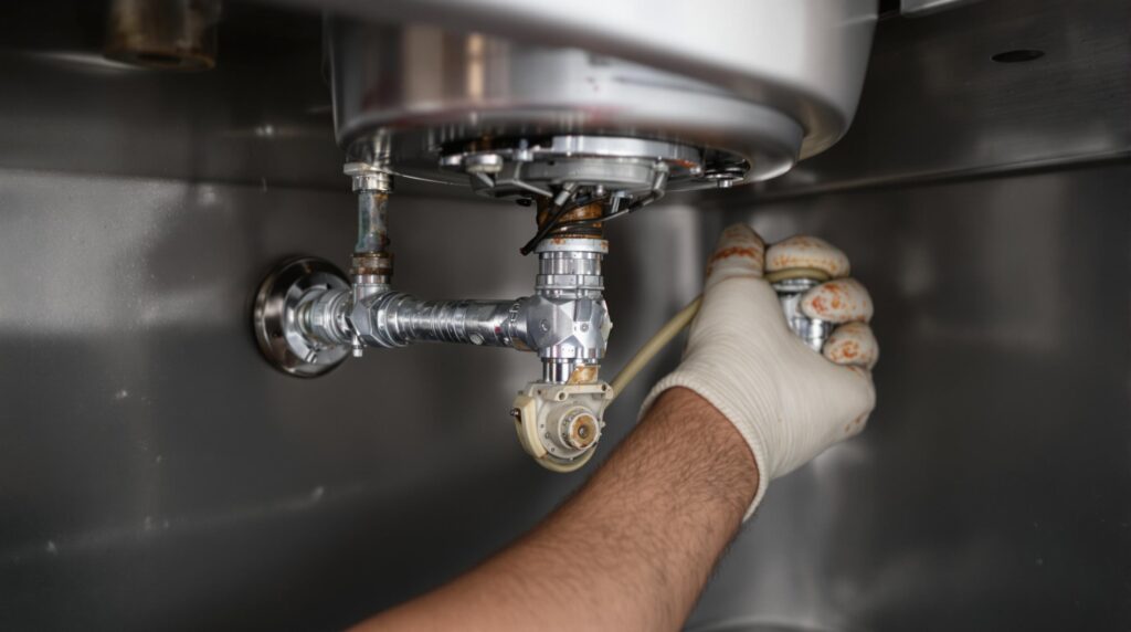 Plumber repairing kitchen sink plumbing.